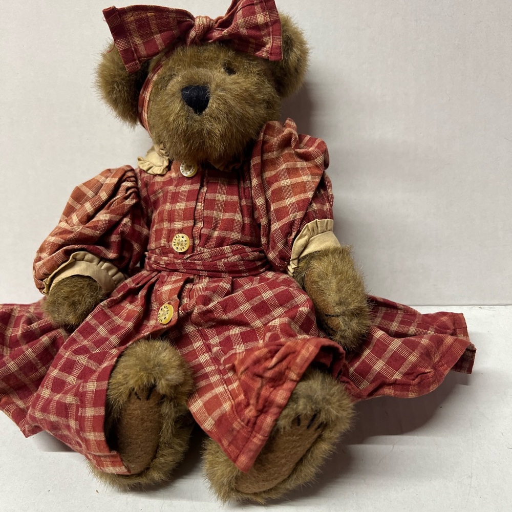 Vintage Plaid Brown Teddy Bear with Bow